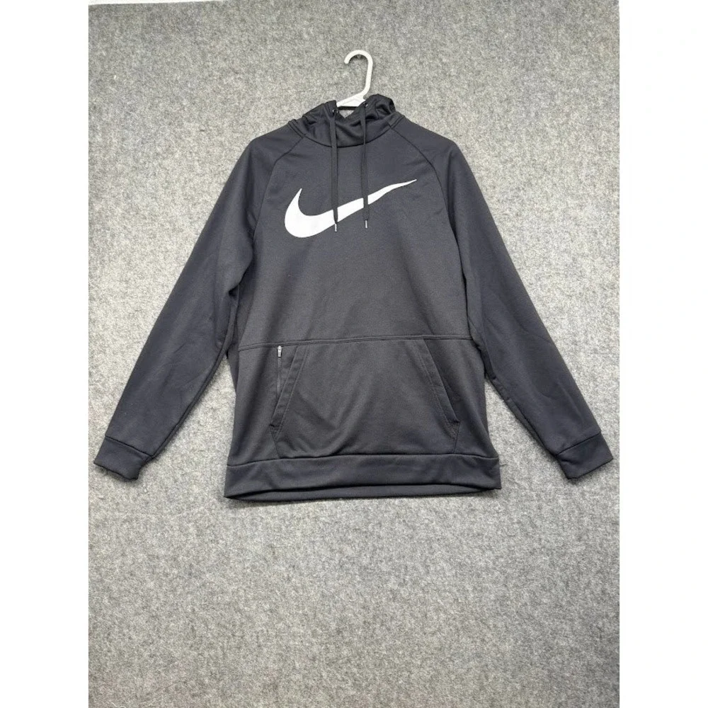Nike Mens Black Therma-FIT Pullover Hoodie‎ Swoosh Logo Zipper Pocket Medium